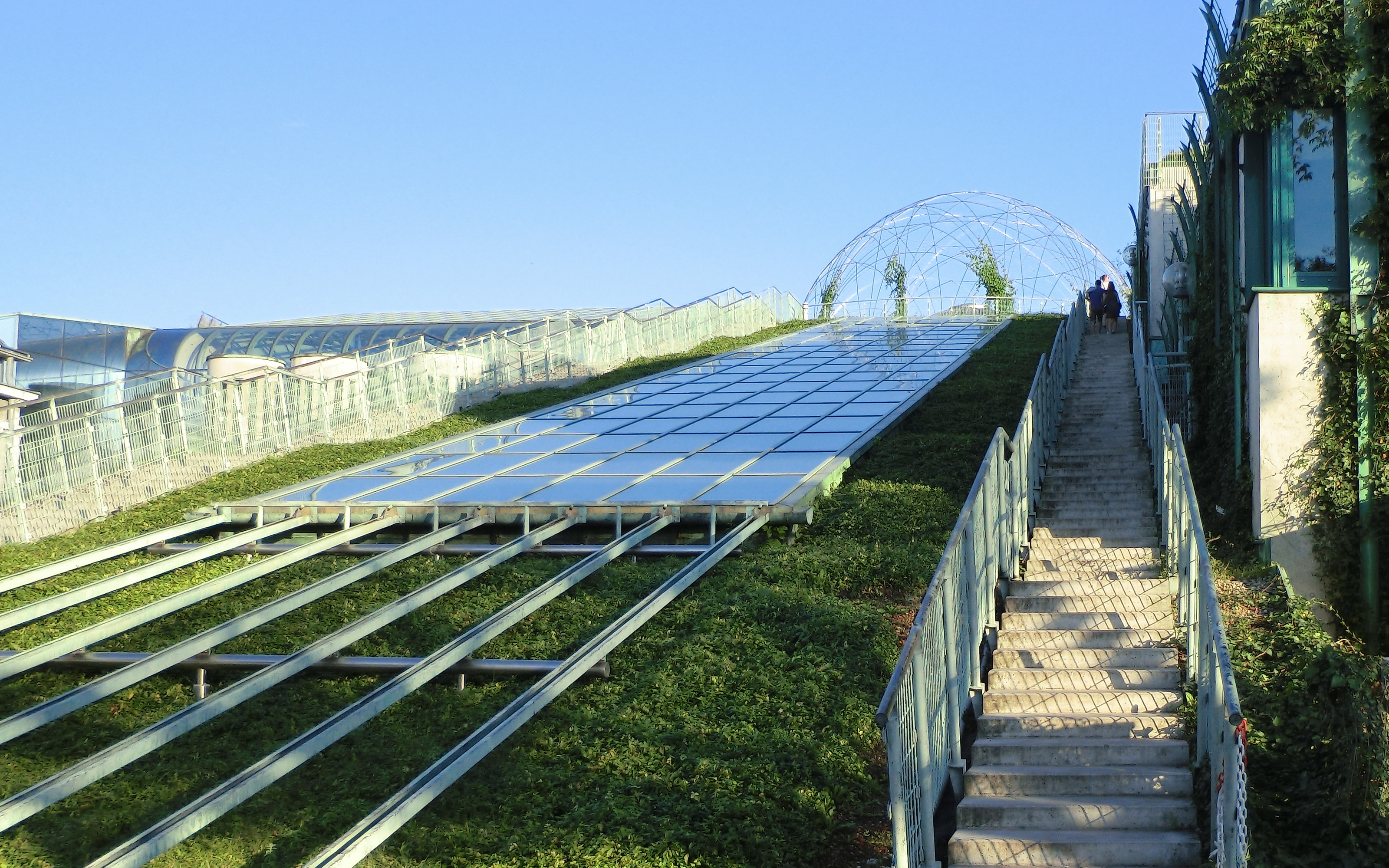 Different levels of the roof garden are connected by steps and bridges. Pitched green roof